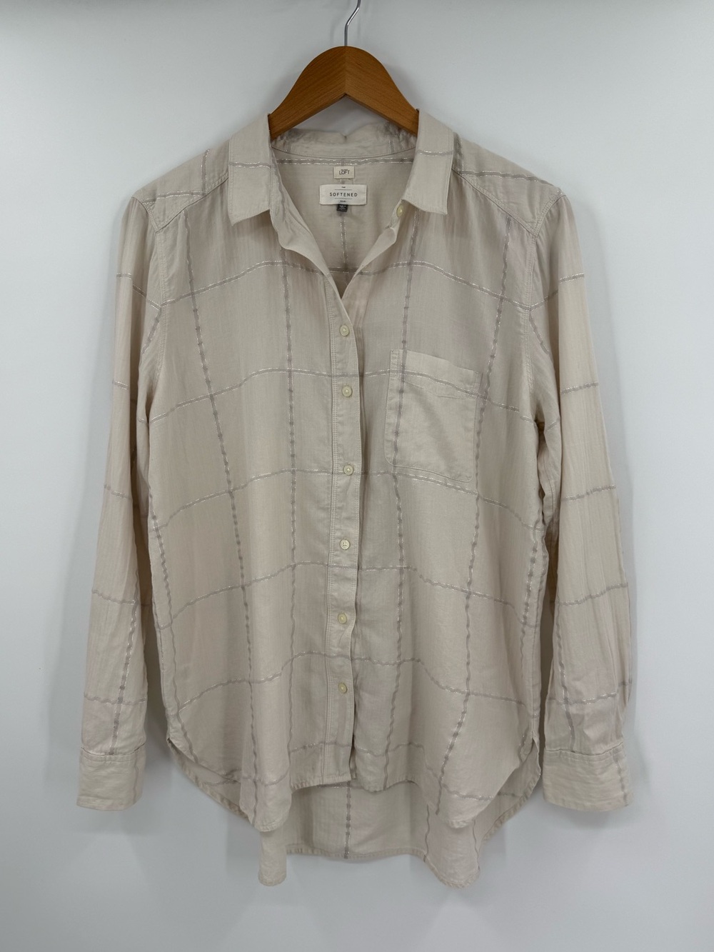 LOFT The Softened Shirt Windowpane Cotton Blend Button Up | Beige / Gray | Large
